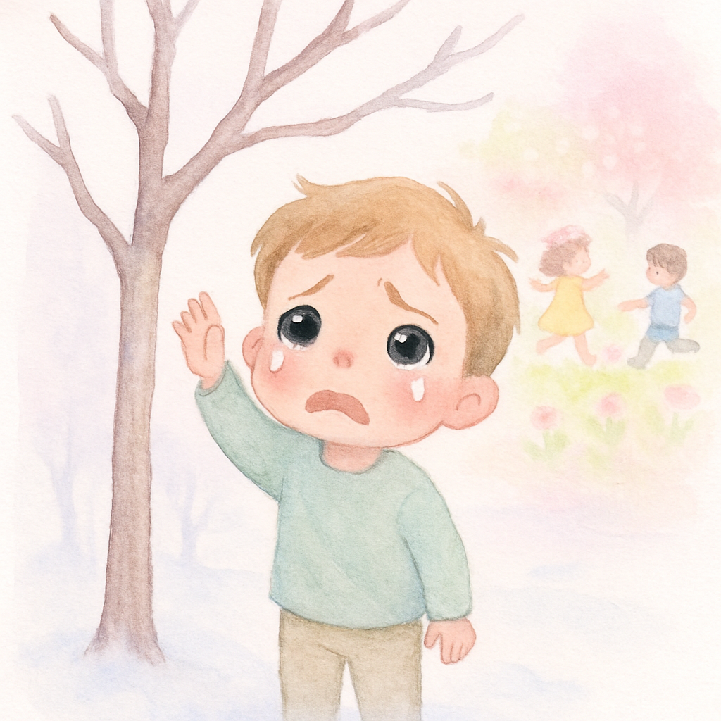 작은 남자아이가 나무에 올라가지 못해 혼자 울고 있는 모습